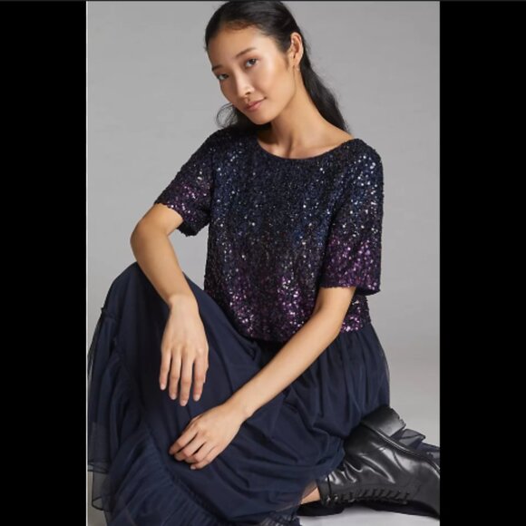 Brand New LET ME BE OMBRE CROPPED SEQUINED BLOUSE - Picture 1 of 10